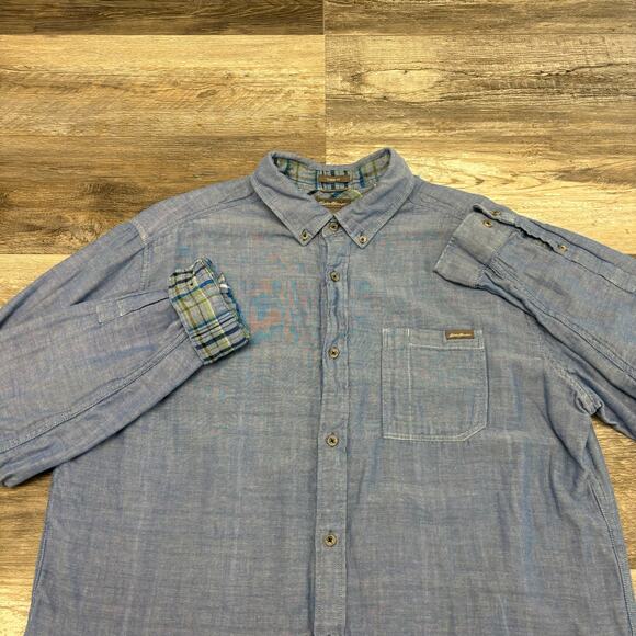 Eddie Bauer Blue Chambray Mens XL Plaid Lined Long Sleeve Button Down‎ Shirt - Picture 1 of 10